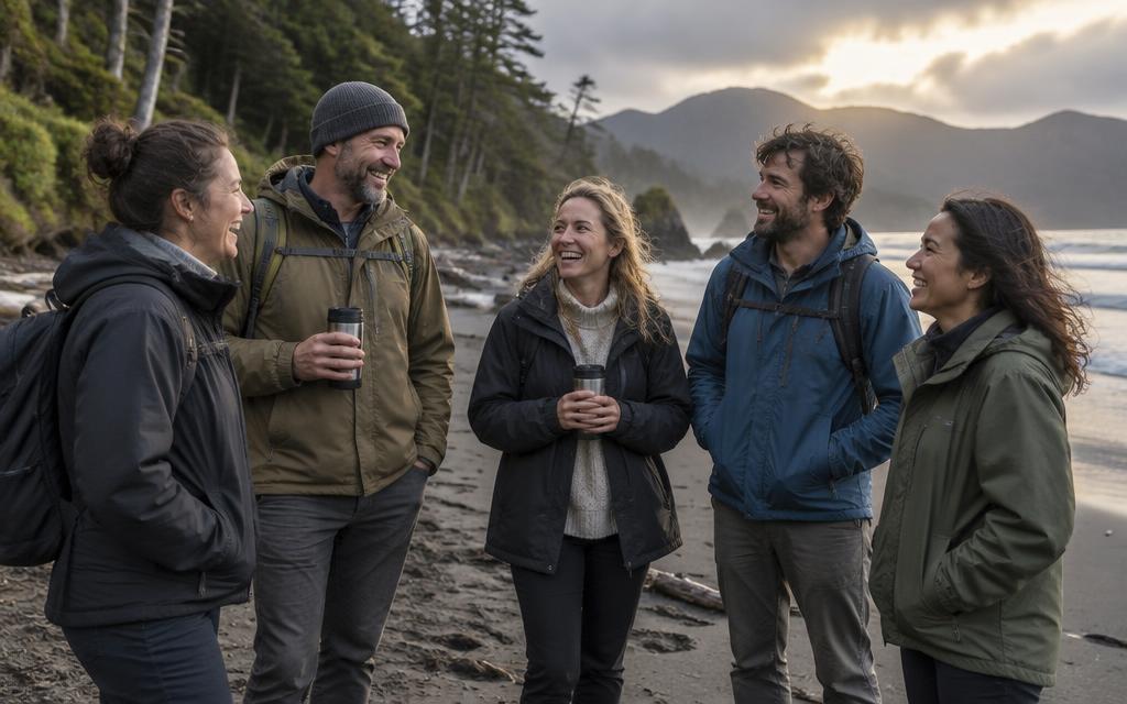 A small group of adults enjoying the Tasmanian coast together